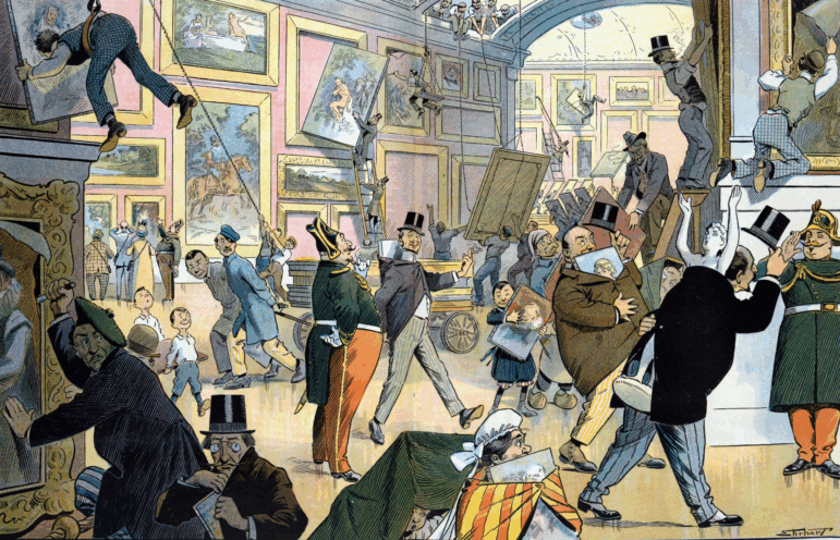 "Daily Scene in the Louvre," a 1911 cartoon by Samuel Ehrhart, shows patrons blatantly stealing works from the museum.