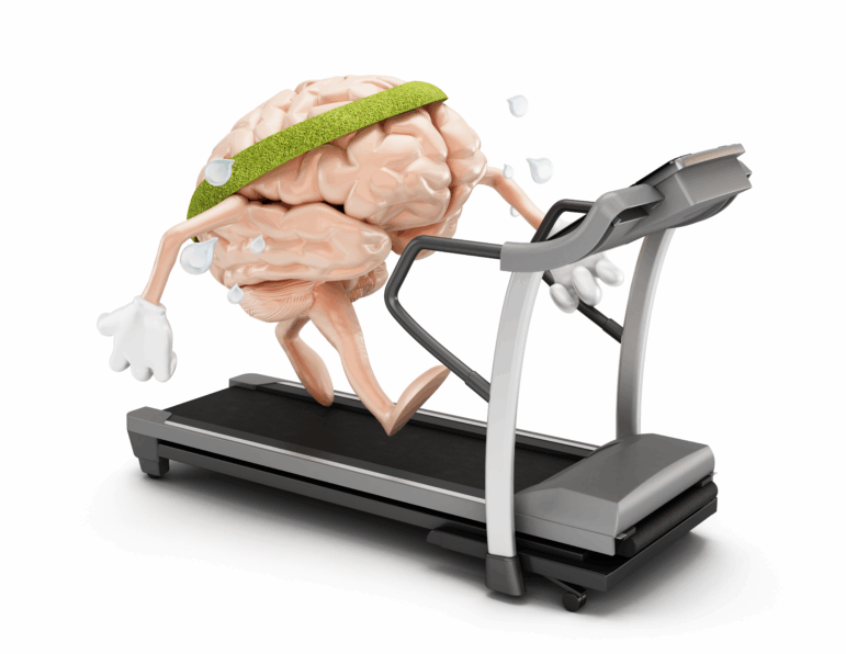 This image shows a cartoon-like pink brain with thin arms and legs walking on a treadmill. The brain is wearing a lime-green headband, and droplets of sweat drip out of the brain.