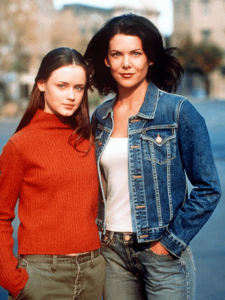 Alexis Bledel and Lauren Graham in an early publicity photograph for Gilmore Girls. The show premiered in October 2000, set in the fictional small town of Stars Hollow, Connecticut. s