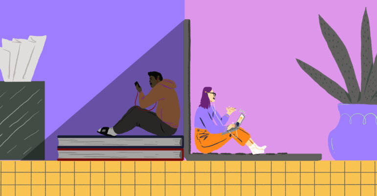 An illustration of high school students on their devices.
