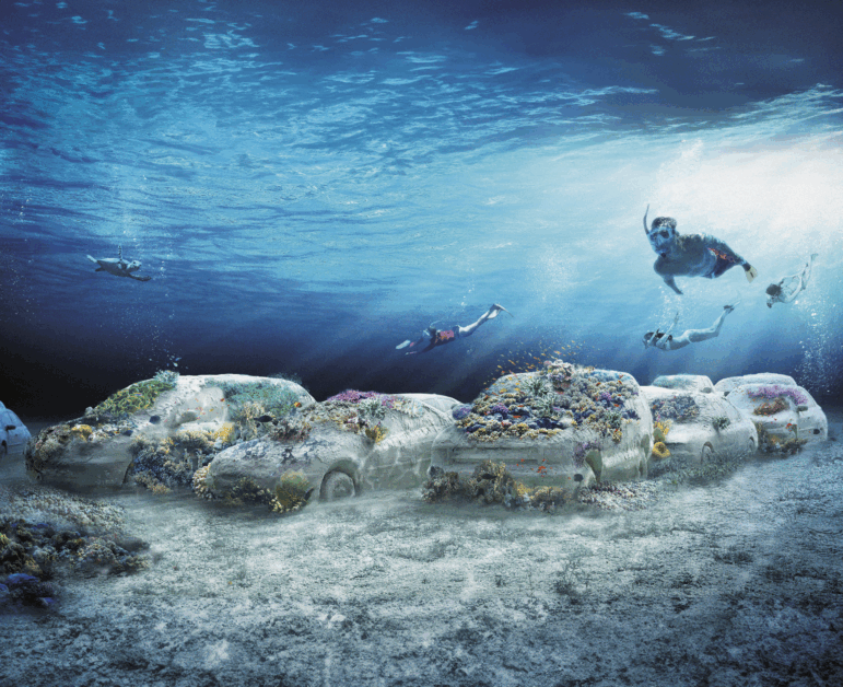 The first phase of the Reefline project will be Leandro Ehrlich's "Concrete Coral," an installation of 22 cars that will become covered by coral.
