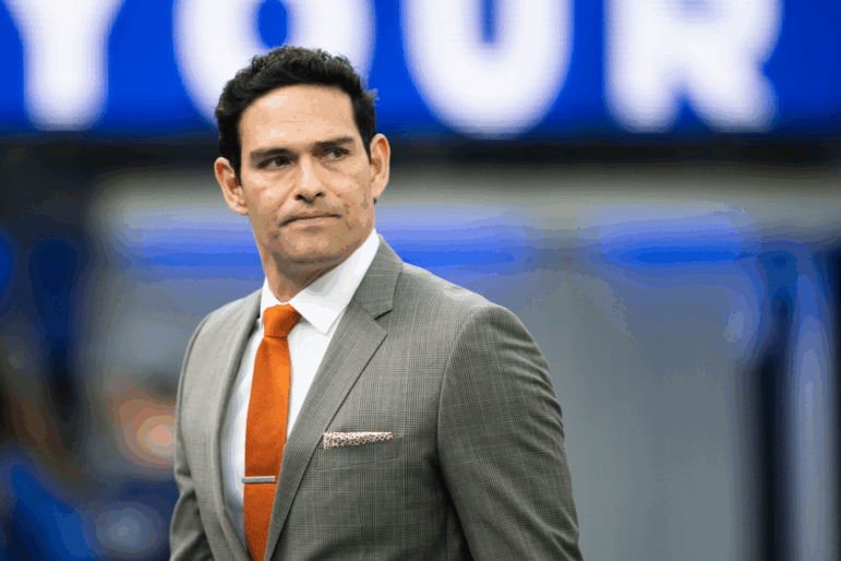 Mark Sanchez walks on the field before an NFL football game between the Los Angeles Rams and the Jacksonville Jaguars Sunday, Dec. 5, 2021, in Inglewood, Calif. (AP Photo/Kyusung Gong, File)