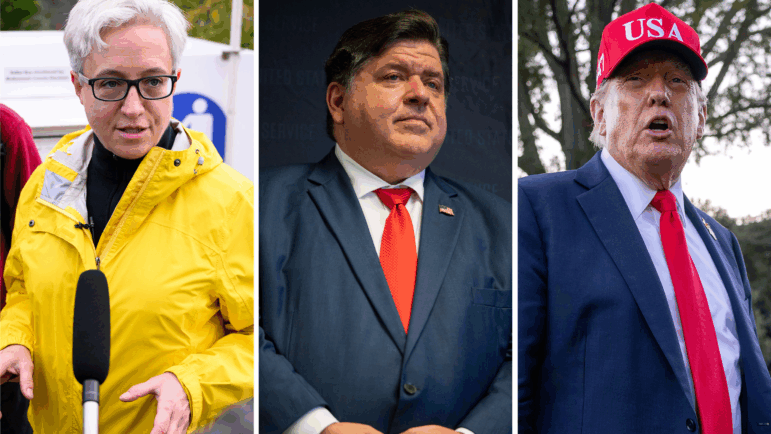 From left: Oregon Gov. Tina Kotek, Illinois Gov. JB Pritzker, President Trump. Both Oregon and Illinois are suing the Trump administration in federal court over the possible deployment of the National Guard to their states.