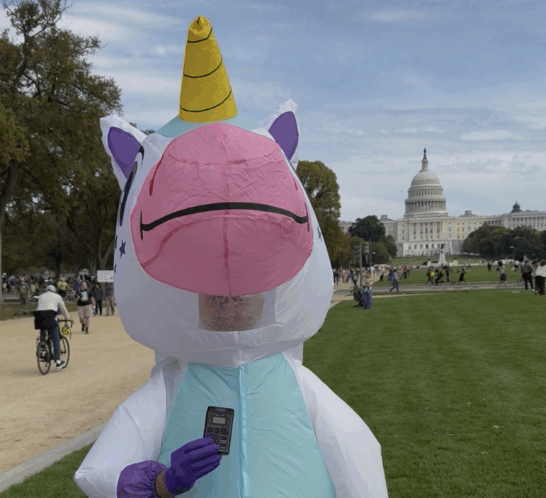 Scott Rohrbach, a senior optical engineer at NASA, came to the Oct. 18 No Kings rally in Washington, D.C., dressed as a unicorn. He said he wanted to counteract the Republican narrative that protesters like him are hate-filled, anti-American radicals.