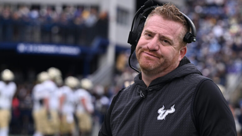 South Florida head coach Alex Golesh reacts to penalty call during the first half of a NCAA college football game against Navy.
