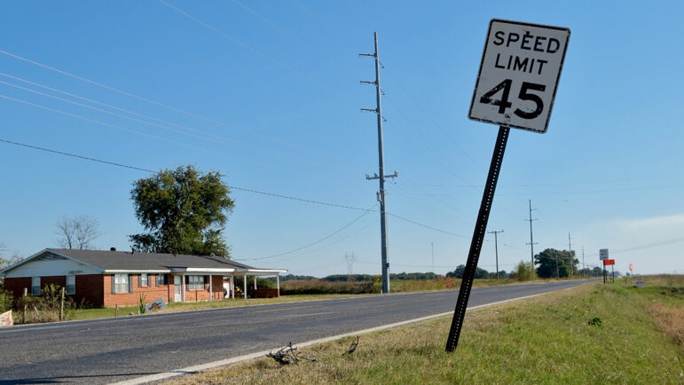 A speed limit sign in front of Tatjana Thompson’s home, across the street from the Meta data center construction site in Holly Ridge, Louisiana, on Thursday, October 16, 2025.
