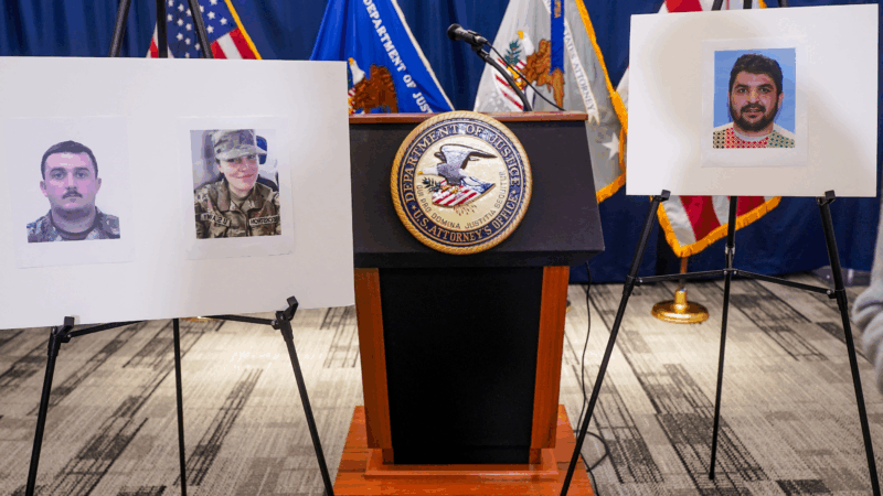 Pictures of National Guard members Andrew Wolfe and Sarah Beckstrom, who were shot on November 26 in Washington, are displayed next to a picture of the suspect of the shooting, Afghan national Rahmanullah Lakanwal, on the day of a press conference with FBI Director Kash Patel, U.S. Attorney for D.C. Jeanine Pirro and other authorities, in Washington, D.C., U.S., November 27, 2025.