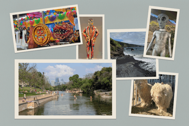 A collage of photos including Mardi Gras floats in New Orleans, a sculpture of a man in a suit, Hawaii coastline, an alien statue, two sheep and people swimming at Barton Springs Pool in Austin, Texas.