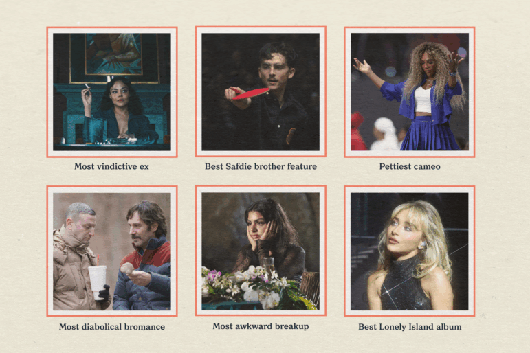 A collage of photos from movies and TV shows with white and pink borders around them including Tessa Thompson in 'Hedda,' Timothée Chalamet in 'Marty Supreme,' Serena Williams dancing at the Super Bowl, Sabrina Carpenter, Huda Mustafa with her head in her hands on a date in 'Love Island USA,' and Tim Robinson and Paul Rudd in the movie 'Friendship.'