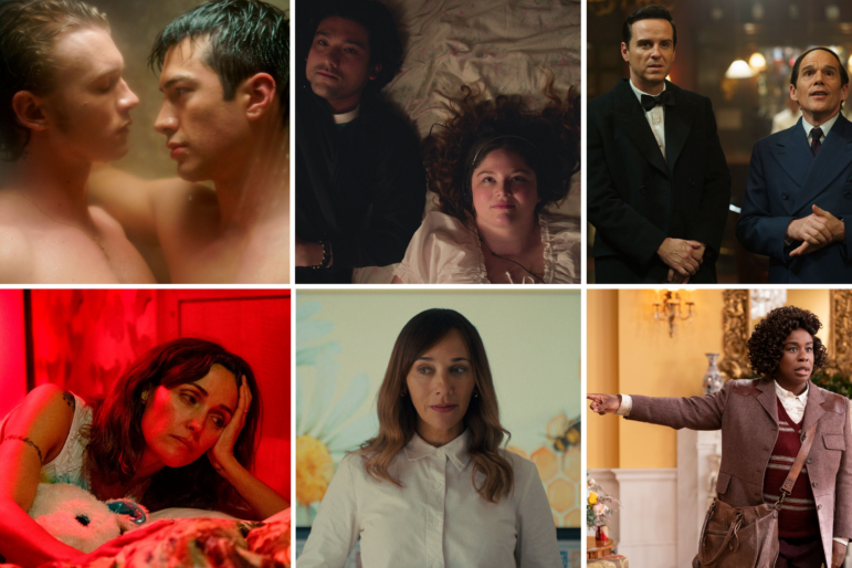 Clockwise, starting in the top left: Connor Storrie and Hudson Williams in Heated Rivalry. Will Sharpe and Meg Stalter in Too Much. Andrew Scott and Ethan Hawke in Blue Moon. Uzo Aduba in The Residence. Rashida Jones in Black Mirror. Rose Byrne in If I Had Legs I'd Kick You.