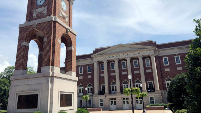 The Autherine Lucy Clock Tower at the Malone Hood Plaza stands in front of Foster Auditorium on the University of Alabama campus in Tuscaloosa