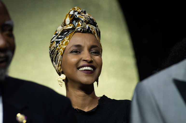 Rep. Ilhan Omar, D-Minn., appears onstage during the Congressional Black Caucus Foundation Phoenix Awards Dinner, in Washington, Saturday, Sept. 27.