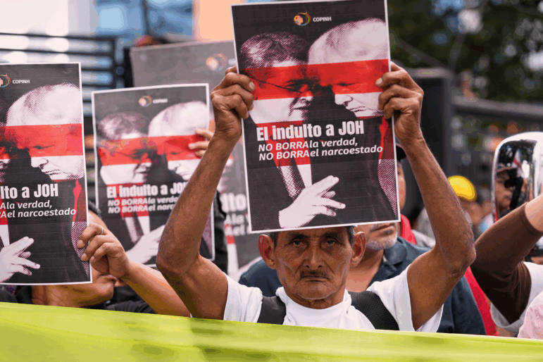 Farmers protest against President Donald Trump's pardon of Honduras' former President Juan Orlando Hernandez in Tegucigalpa, Honduras, Thursday, Dec. 4, 2025.