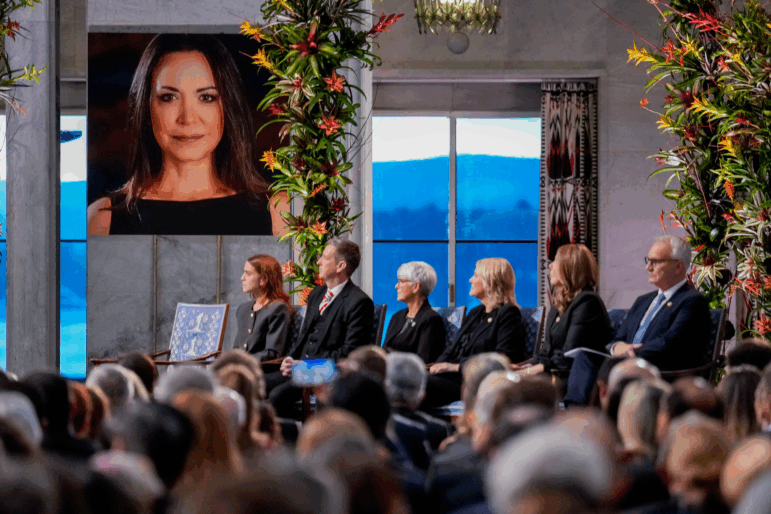 A picture of Nobel Peace Prize laureate Maria Corina Machado during the Nobel Peace Prize award ceremony at Oslo City Hall, in Oslo, Norway, Wednesday Dec. 10, 2025.