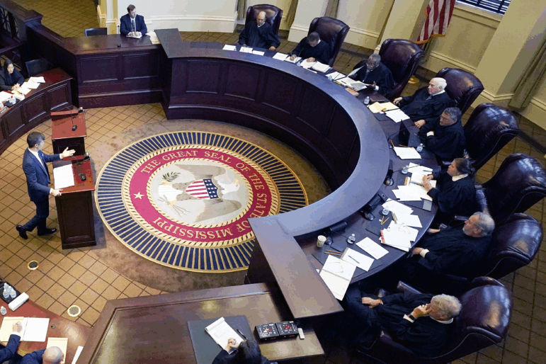 Mississippi Supreme Court justices listen to arguments in Jackson, Miss., on July 6, 2023. On Friday, a judge ordered special elections for the court after earlier finding that the electoral map used to select justices violates the Voting Rights Act.