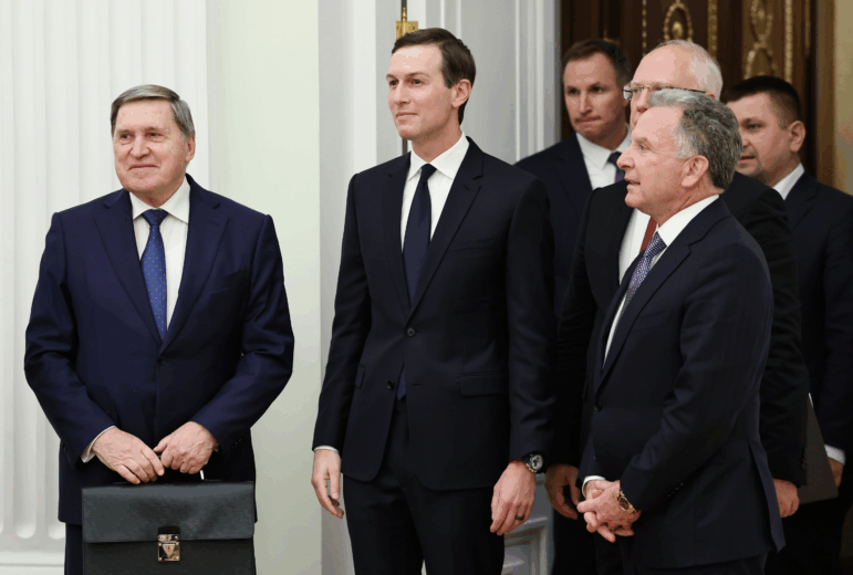 FILE - Russian Presidential foreign policy adviser Yuri Ushakov, left, U.S. President Donald Trump's son-in-law Jared Kushner, center, U.S. special envoy Steve Witkoff, foreground right, and Russian Direct Investment Fund CEO Special Presidential Representative for Investment and Economic Cooperation with Foreign Countries Kirill Dmitriev, behind Witkoff, arrive to attend talks with Russian President Vladimir Putin at the Senate Palace of the Kremlin in Moscow, Russia, Dec. 2, 2025.