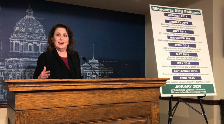 State Sen. Michelle Benson reacts at a news conference on April 10, 2019, at the Minnesota State Capitol in St. Paul to a report by the state's legislative auditor on combatting fraud in Minnesota's Child Care Assistance Program.