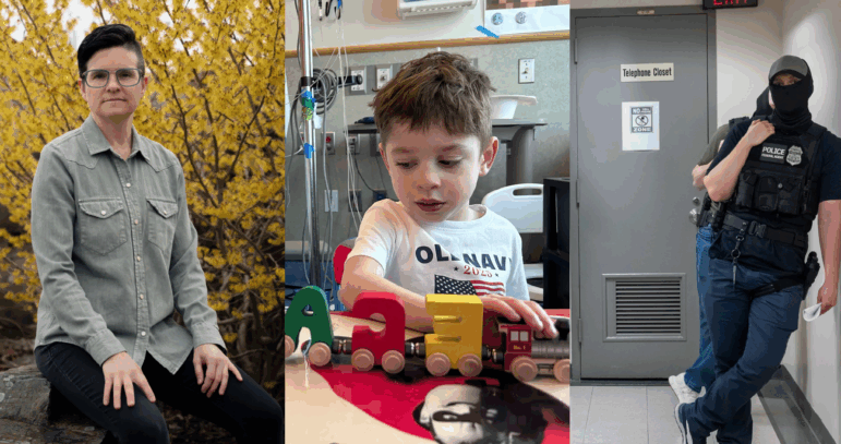 From left: Mahri Stainnak, who was fired from the federal government; Caleb Strickland, 4, who is waiting for a heart transplant; and a federal agent patrolling the halls of immigration court in New York City.