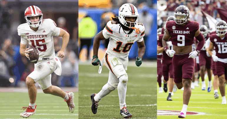 The college football playoff begins Friday and among the stars set to shine during the first two rounds are (left to right): Indiana quarterback (and Heisman Trophy winner) Fernando Mendoza, University of Miami wide receiver Malachi Toney, and Texas A&M linebacker Cashius Howell.