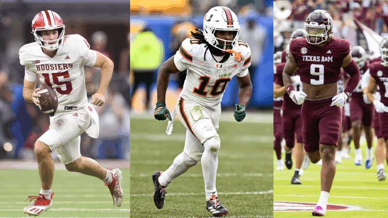 The college football playoff begins Friday and among the stars set to shine during the first two rounds are (left to right): Indiana quarterback (and Heisman Trophy winner) Fernando Mendoza, University of Miami wide receiver Malachi Toney, and Texas A&M linebacker Cashius Howell.