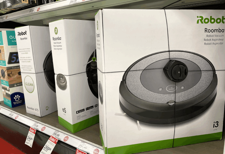 Roomba robot vacuums made by iRobot are displayed on a shelf at a Target store in California.