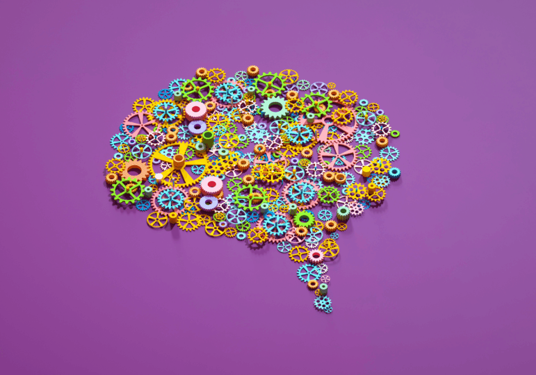 A photo illustration shows the outline of a brain created with colorful plastic shapes and gears, implying machinery.