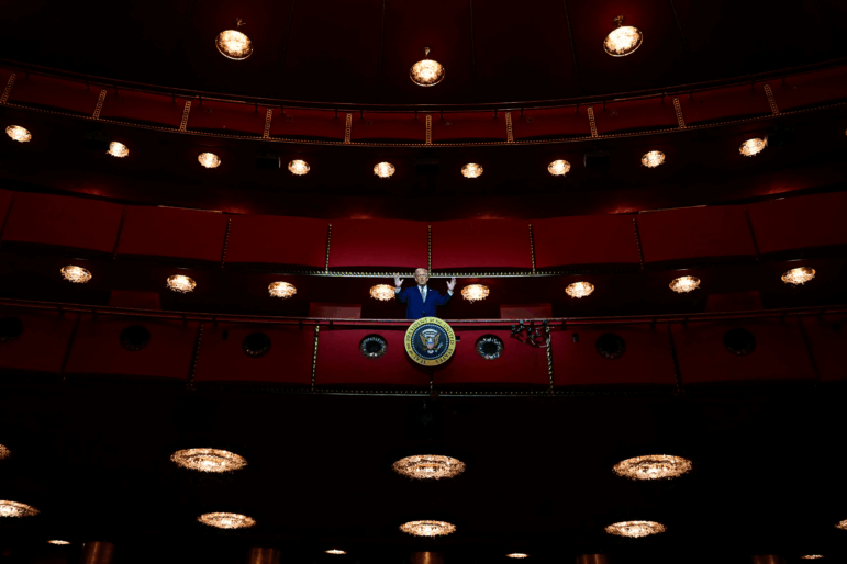 TOPSHOT - US President Donald Trump stands in the presidential box as he visits the John F. Kennedy Center for the Performing Arts in Washington, DC, on March 17, 2025. US President Donald Trump is visiting the Kennedy Center in Washington for the first time since his stunning takeover of the top arts venue that he branded too "woke." Trump will lead a board meeting at the venue, where he installed himself as chairman and ousted the leadership a month ago as part of his broader blitz on almost every aspect of American life. (Photo by Jim WATSON / AFP) (Photo by JIM WATSON/AFP via Getty Images)