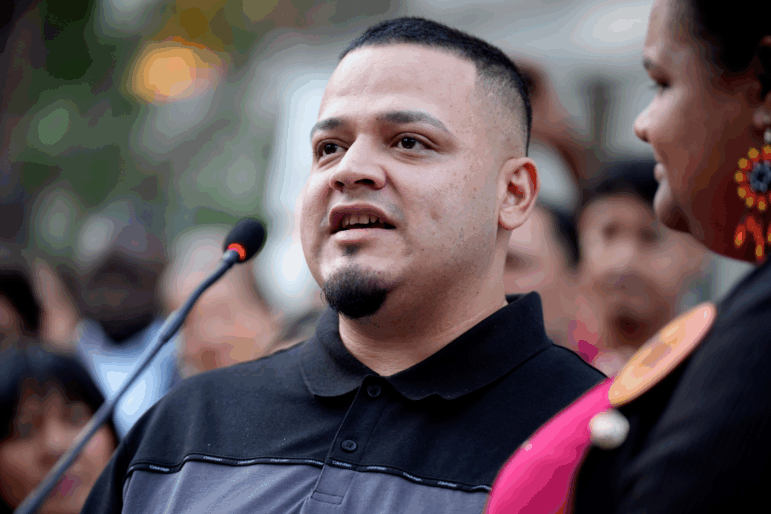 Kilmar Abrego Garcia speaks during a rally and prayer vigil for him before he enters a U.S. Immigration and Customs Enforcement (ICE) field office on August 25, 2025 in Baltimore, Maryland.