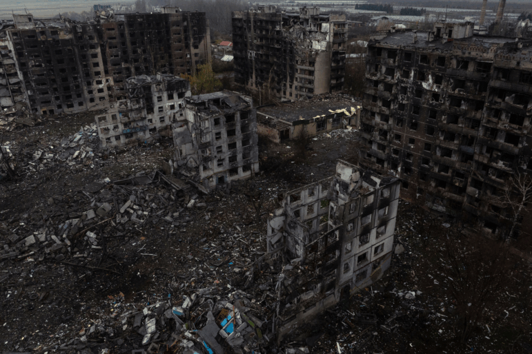 An aerial view of destroyed buildings in the frontline town of Kostyantynivka, Donetsk region