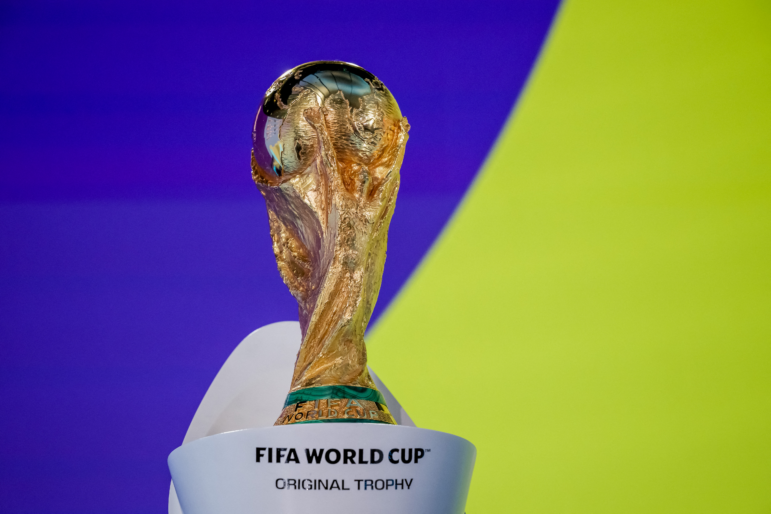 The FIFA World Cup trophy is on display at an event in Zurich on November 20.