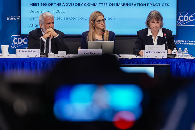 Members of the CDC Advisory Committee on Immunization Practices (ACIP) are seen during a meeting at CDC headquarters on December 4, 2025 in Atlanta, Ga.