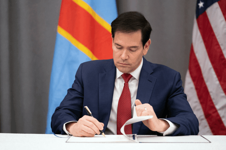 Secretary of State Marco Rubio, pictured signing a document at the U.S. Institute of Peace in Washington.