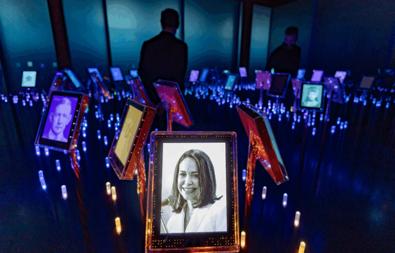 A picture of Nobel Peace Prize laureate Maria Corina Machado is seen among portraits of previous winners in the "Nobel Field" at the exhibition "Democracy on the brink" in honour of the laureate at the Nobel Peace Center in Oslo on Dec. 9, 2025, on the eve of the Nobel Peace Prize ceremony.