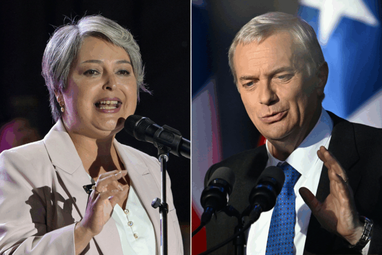 Chile's presidential candidate Jeannette Jara of the Unidad por Chile coalition at her closing rally and Jose Antonio Kast of the Republican Party speaking during his closing campaign rally.