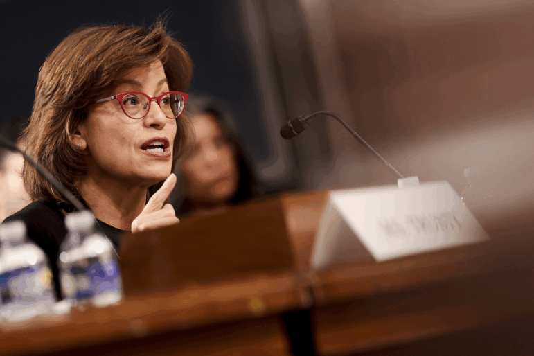 Anna M. Gomez, commissioner of the Federal Communications Commission (FCC), speaks at the Senate Commerce, Science, and Transportation Committee oversight hearing in the U.S. Capitol Building on Dec. 17 in Washington, D.C.