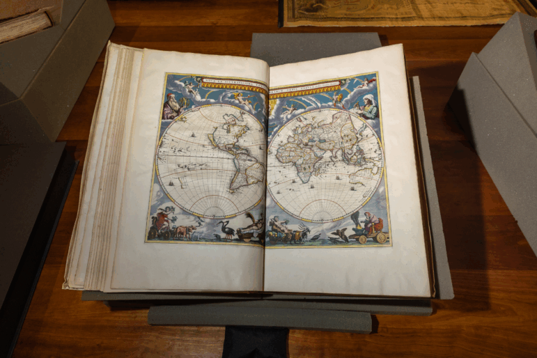 The Theatrum Orbis Terrarum, 1575, by Abraham Ortelius (1527-1598) is often considered the world’s first atlas. The library has two copies.