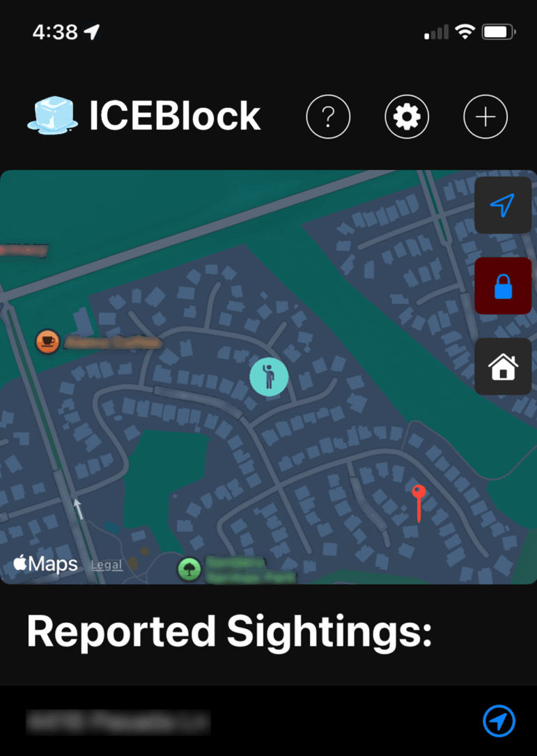 A screenshot of what ICEBlock looks like for iPhone users.