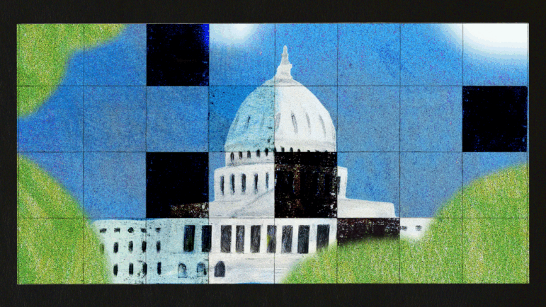 An illustration of the U.S. Capitol with a grid overlaid on top and some of the segments in the grid are blacked out.