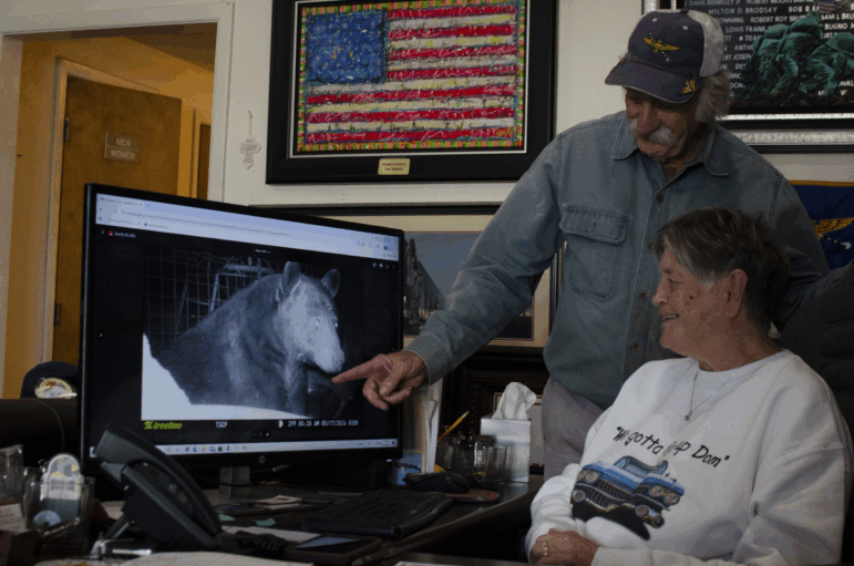 Ken Clouse and his wife Pam look at a still image taken from a game camera on their porch. The couple says in the last two years, they’ve regularly seen black bears in their neighborhood south of Alpine, Texas.