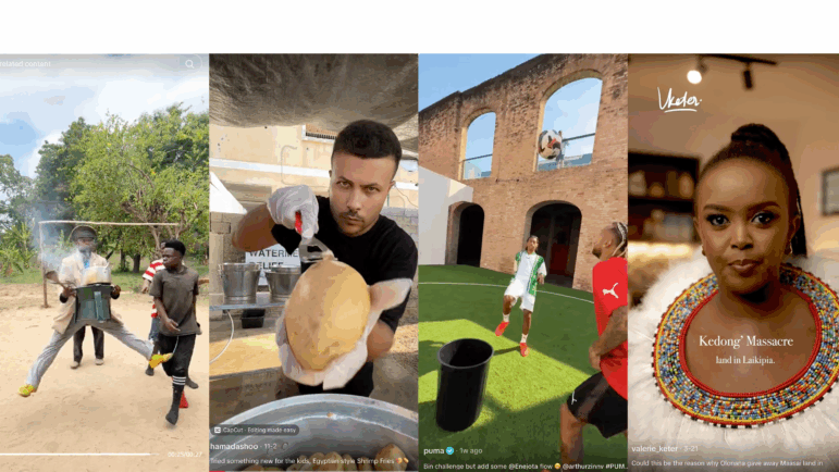 From left: Fanuel John Masamaki's comedy is inspired by the silent movie star Charlie Chaplin. Hamada Shaqoura, a Palestinian food influencer, cooks Egyptian-style shrimp fries. Arthur Marques plays soccer for a living, but it’s soccer with a twist. Valerie Keter, dressed in a traditional beaded collar from the Maasai people in southern Kenya, discusses the history of the ancient tribe.