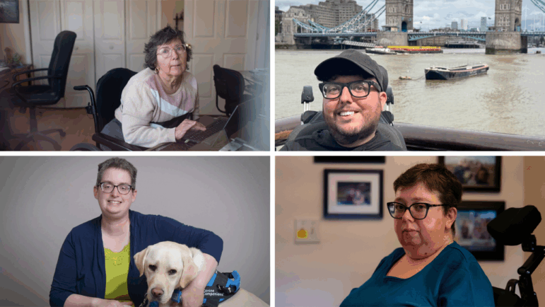 Clockwise from top left: A woman with short hair and glasses wearing a cream-colored sweater in a wheelchair; a young man with glasses and a dark cap in front of a river; a woman with short hair and a blue top in front of photos on her wall: a woman with short hair and a service dog.