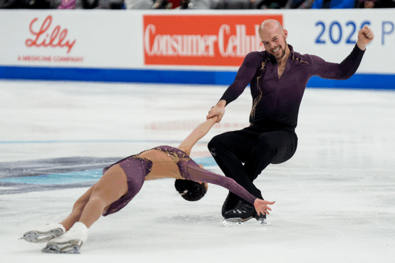Ellie Kam, of Thunderbirds FSC, and Danny O'Shea, of SC of New York, compete in the pairs short program during the 2026 U.S. Figure Skating Championships at the Enterprise Center on Wednesday, Jan. 7, 2026, in St. Louis’ Downtown West neighborhood. The pair would go on to win the silver medal in the final.