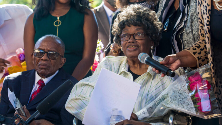 Claudette Colvin answers a question at a news conference after she filed paperwork to have her juvenile record expunged.