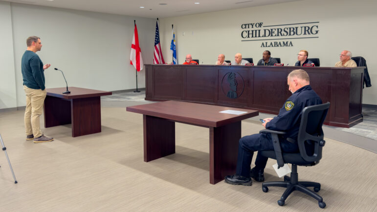 Resident Noah Beckham tells Childersburg's mayor and city council he's skeptical of allowing data centers in the town.