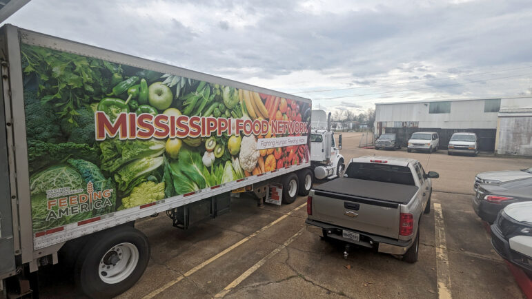 A delivery truck sits outside Mississippi Food Network’s warehouse in Jackson.
