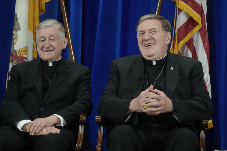 From right, U.S. Cardinals, Joseph Tobin of Newark, and Blase Cupich of Chicago, attend a press conference at the North American College in Rome on May 9, 2025. Along with Cardinal Robert McElroy, archbishop of Washington (not pictured), the men issued a strongly worded statement on Monday criticizing the Trump administration’s foreign policy.