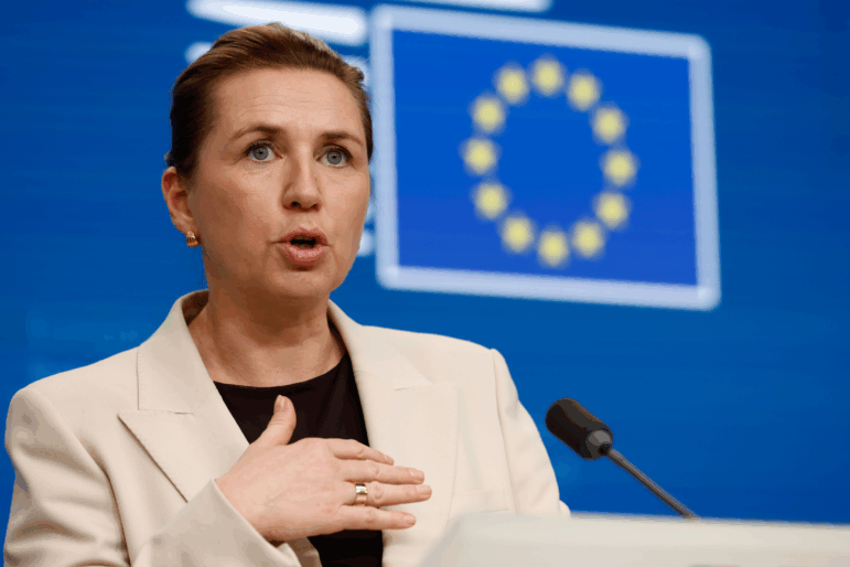 Denmark's Prime Minister Mette Frederiksen speaks during a media conference at the EU Summit in Brussels, Friday, Dec. 19, 2025.