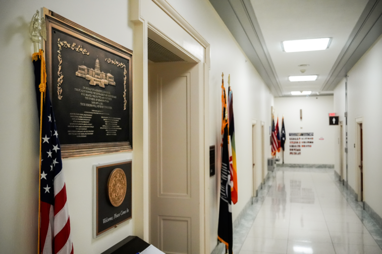 A replica plaque commemorating the Jan. 6, 2021 Capitol riot hangs outside the office of Rep. Jamie Raskin, D-Md., Tuesday, Dec. 30, 2025, at the Rayburn House Office Building on Capitol Hill in Washington.