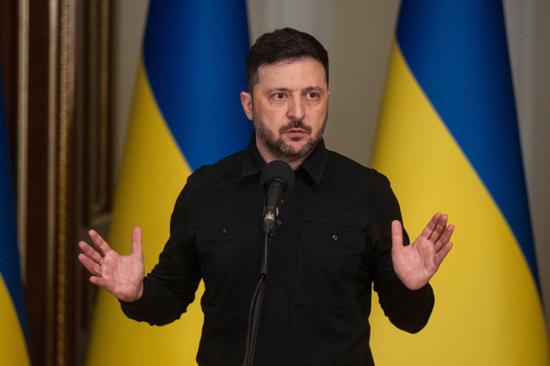 Ukraine's President Volodymyr Zelenskyy speaks during a briefing in Kyiv, Ukraine, Saturday, Jan. 3, 2026.