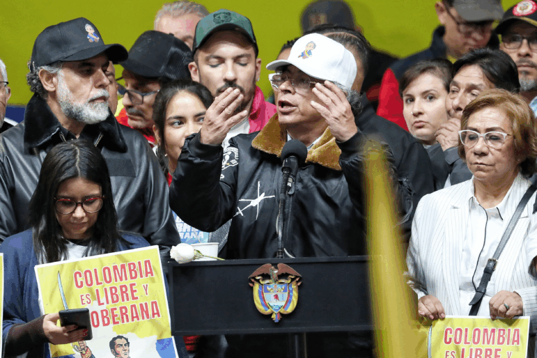 Colombian President Gustavo Petro addresses supporters in a rally he called to protest comments by U.S. President Donald Trump, in Bogota, Colombia, Wednesday, Jan. 7, 2026.